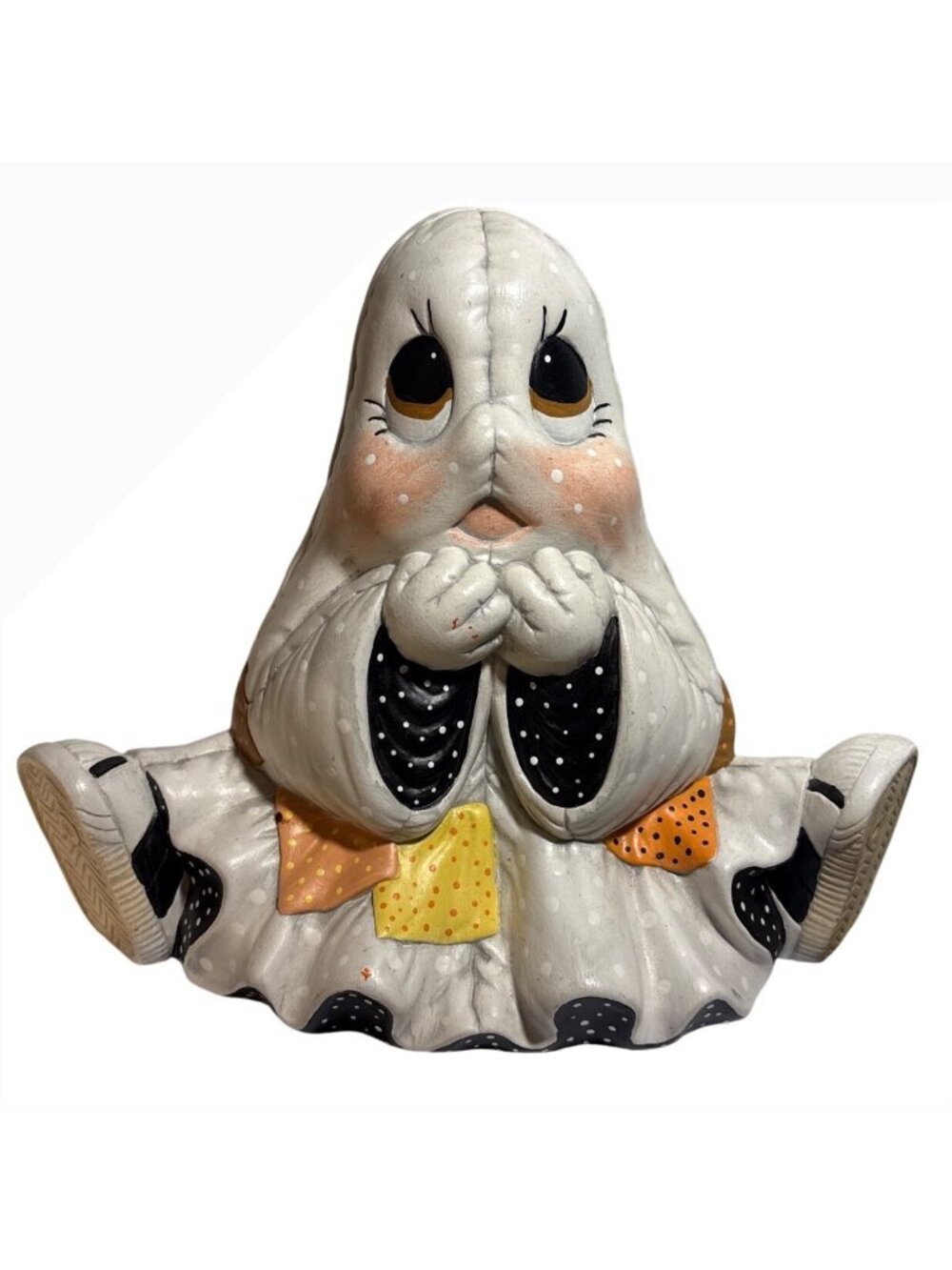 Vintage Ghost Figurine With Patchwork Polka Dots Design Halloween Decor 8 x 9"